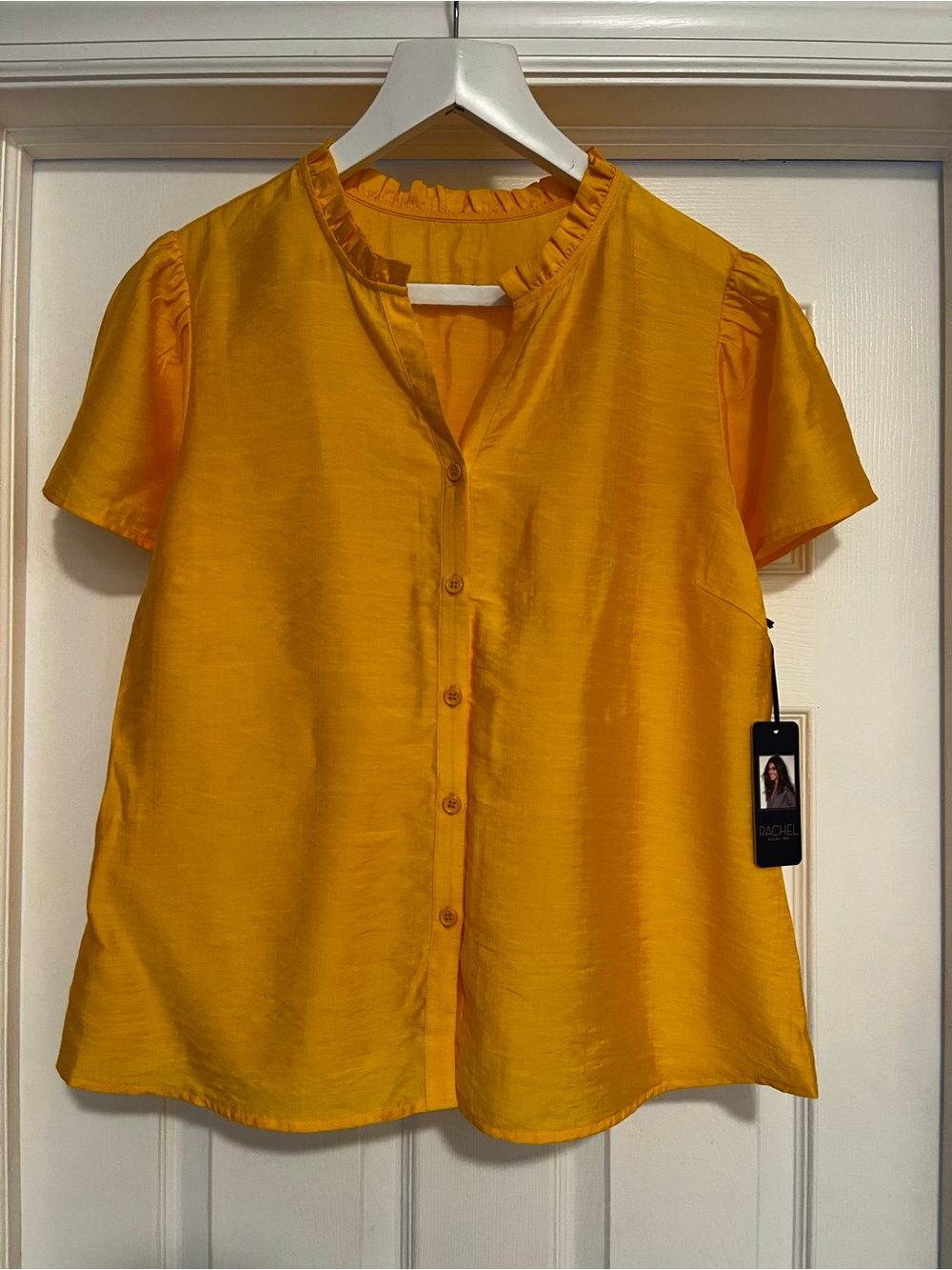 RACHEL Rachel Roy Yellow Short-Sleeve Button Front Ruffled Neck Blouse